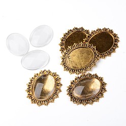 Antique Golden Alloy Cabochon & Rhinestone Settings and 40x30mm Oval Clear Glass Covers Sets, Lead Free & Nickel Free, Antique Golden, Cabochon Settings: 56x49x2mm, Tray: 40x30mm, Fit for 2mm rhinestone