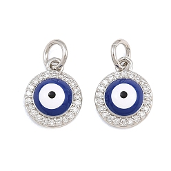 Platinum Brass Micro Pave Clear Cubic Zirconia Charms, with Blue Enamel, Evil Eye Charms, Platinum, 12x9x3.5mm, Hole: 3.5mm