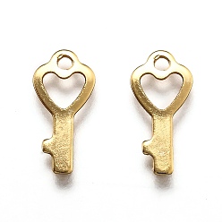 Real 18K Gold Plated 201 Stainless Steel Charms, Laser Cut, Key, Real 18k Gold Plated, 13x6x0.5mm, Hole: 1.4mm