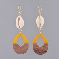 Gold Dangle Earrings, with Resin & Wood Pendants, Cowrie Shell, Golden Plated Brass Earring Hooks, Copper Wire and Cardboard Packing Box, Teardrop, Gold, 90mm, Pin: 0.7x1mm