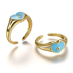 Sky Blue Brass Micro Pave Clear Cubic Zirconia Cuff Rings, Open Rings, with Enamel, Heart with Star, 
Real 18K Gold Plated, Long-Lasting Plated, Sky Blue, US Size 7 1/4(17.5mm)