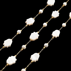 Golden Natural Shell Hamsa Hand & Round Link Chains, with Golden 304 Stainless Steel Paperclip Chains, Soldered, with Spool, Golden, 12x9x3mm, about 32.81 Feet(10m)/Roll