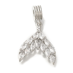 Платина Стеллажное покрытие латунь проложить прозрачный кубический цирконий европейские подвески с подвесками, подвески с большими отверстиями в виде хвоста кита, без свинца и без кадмия, долговечный, платина, 31 мм, отверстие : 4 мм