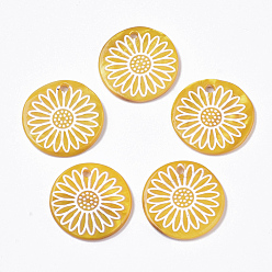 Gold Spray Paint Freshwater Shell Pendants, Printed, Flat Round with Daisy Flower, Gold, 19.5~20.5x2~3mm, Hole: 1.4~1.8mm