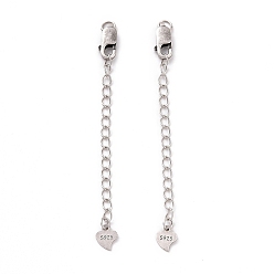 Antique Silver 925 Sterling Silver Chain Extenders, with Lobster Claw Clasps & Charms, Heart, Antique Silver, 62x2.5mm, Hole: 2.4mm