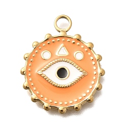 Оранжевый Ионное покрытие (ip) 304 подвески из нержавеющей стали, с эмалью, плоский круглый с шармом в виде глаз, золотые, оранжевые, 21.5x18x2 мм, отверстие : 2.5 мм