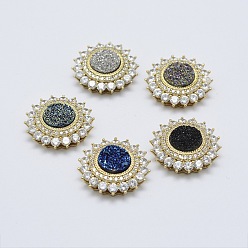 Golden Natural Druzy Agate Multi-Strand Links, with Brass Finding & Rhinestone, Flower, Golden, 22x8mm, Hole: 1x2mm