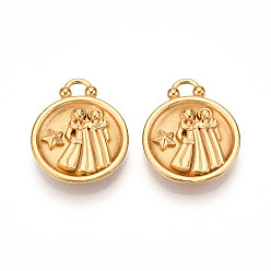 Близнецы 304 подвески из нержавеющей стали, плоский круглый шарм с двенадцатью созвездиями, реальный 18 k позолоченный, ионное покрытие (ip), Близнецы, 20.5x17x3~4.5 мм, отверстие : 2.5x2.7 мм