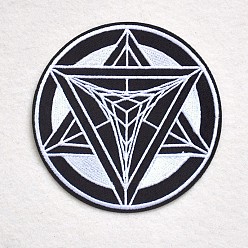 Black Computerized Embroidery Cloth Iron on/Sew on Patches, Costume Accessories, Appliques, Flat Round with Triangle, Black, 100mm