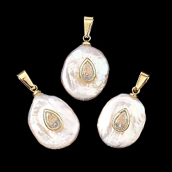 White Natural Nucleated Baroque Keshi Pearl Pendants, Oval Charms with Brass Micro Pave Cubic Zirconia Findings, Golden, White, 21x14x7mm, Hole: 6x2.5mm