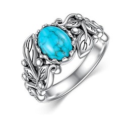 Античное Серебро Цинковый сплав с синтетической бирюзой, овальные с листа, античное серебро, размер США 7 (17.3 мм)