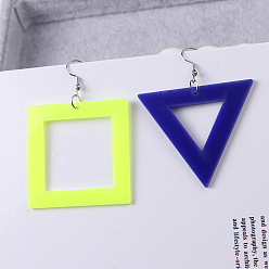 Темно-Синий Непрозрачные акриловые болтаться серьги, квадрат и треугольник, золотые, слева и справа, темно-синий, 71x50 мм и 55x65 мм