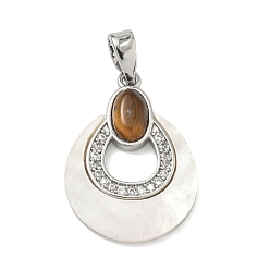 Платина Латунные микропаве прозрачные подвески с фианитом, с натуральной раковиной и натуральным тигровым глазом, слезинки, платина, 20.5x15x3~4.5 мм, отверстие : 5x2 мм