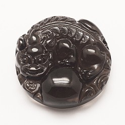 Obsidian Carved Natural Obsidian Pendants, Pi Xiu, 33.5x24x11mm, Hole: 1.5mm