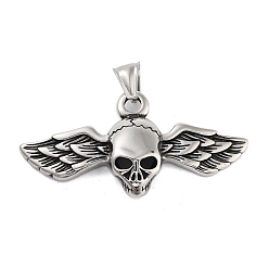 Wing Ретро 304 из нержавеющей стали большие кулоны, античное серебро, тема черепа, крыло, 28x56x8 мм, отверстие : 8.5x4 мм