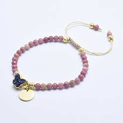 Rhodochrosite Natural Rhodochrosite Braided Bead Bracelets, with Electroplated Natural Lava Rock Beads, Druzy Crystal, Nylon Cord and Brass Findings, Flat Round & Butterfly, 2-1/8 inch(5.3cm)~3-1/8 inch(8cm)