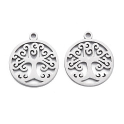 Stainless Steel Color Non-Tarnish 304 Stainless Steel Pendants, Laser Cut, Ring with Tree, Stainless Steel Color, 19x16x1mm, Hole: 1.6mm