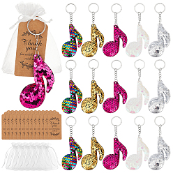 Mixed Color 30Pcs 5 Colors PVC Paillette Musical Note Pendant Keychains, with 30Pcs Organza Gift Bags, 30Pcs Kraft Paper Thank You Gift Tags, Platinum, Mixed Color, 140mm