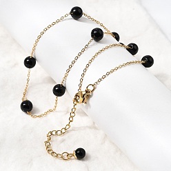 Черный Ожерелья из круглой цепочки из нержавеющей стали и искусственного жемчуга для женщин, золотые, чёрные, 22.44 дюйм (57 см)