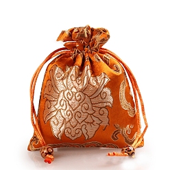 Orange Rectangle Cloth Flower Printed Drawstring Gift Bags, Storage Bags, Orange, 14x11cm