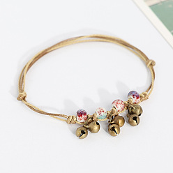 Темно-Красный Браслеты на лодыжку из сплава в виде колокольчика и фарфоровых бусин, регулируемый шнурок, с подвеской., античная бронза, темно-красный, 5-1/8~11 дюйм (130~280 мм)