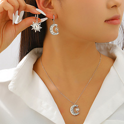 Платина Серьги и колье из латуни с кристаллами и стразами, луна и солнце, платина, 473мм и 40x24мм и 41x20мм