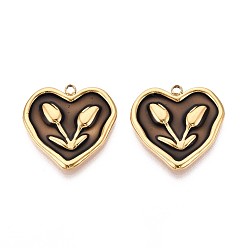 Коричневый 304 подвески из нержавеющей стали и эмали, сердце с цветочными подвесками, ионное покрытие (ip), реальный 18 k позолоченный, кофе, 23x23x2 мм, отверстие : 1.8 мм