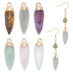 Mixed Stone 6Pcs 6 Styles Top Golden Plated Opalite & Natural Tiger Eye & Aventurine & Labradorite & Rose Quartz & Amethyst Pointed Pendants, Faceted Bullet Charms with Iron Loops, 25~26x7~8mm, Hole: 1.8mm, 1pc/style
