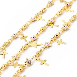Pink Enamel Star with Evil Eye Link Chains, with Real 18K Gold Plated Brass Cross Charms, Soldered, with Spools , Pink, 11x5.5x2mm, 7.5x3x2.5mm