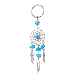 Бирюза Брелки из плетеной сетки/паутины с перьевым сплавом, синтетической бирюзой и стеклянными семенами, с железной застежкой для ключей, 122 мм