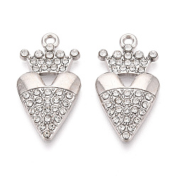 Платина Подвески из сплава и страза, подвески в виде сердца и короны, платина, 28x15x3 мм, отверстие : 1.8 мм