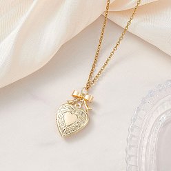 Золотой Кулон-медальон в виде сердца с бантиком из сплава 304 цепочка из нержавеющей стали для женщин, золотые, 17.72 дюйм (45 см)