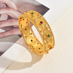 Золотой Винтажные латунные браслеты с микропаве из кубического циркония и филигранной отделкой, шарнирные браслеты для женщин, овальные с цветком, золотые, 7.87 дюйм (20 см), внутренний диаметр: 2.36 дюйм (6 см)