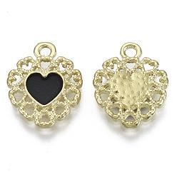 Black Golden Plated Alloy Enamel Pendants, Heart, Black, 16x13x2mm, Hole: 1.6mm