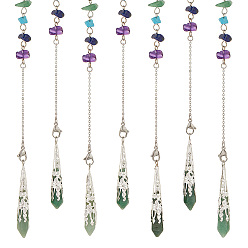 Смешанные камни 6шт. натуральный зеленый авантюрин заостренные усыпляющие маятники, с чипсами из драгоценных камней чакры и 304 фурнитурой из нержавеющей стали, шарм пули, 265~268 мм, 6 шт / коробка