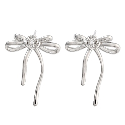 Платина Женские серьги-гвоздики из латуни с бантом и прозрачным фианитом, платина, 17.5x6 мм