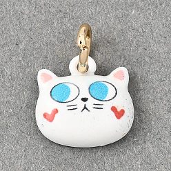 White Printed Brass Charms, Cat Shape with Heart Charms, Golden, White, 11x12x4mm, Hole: 4mm