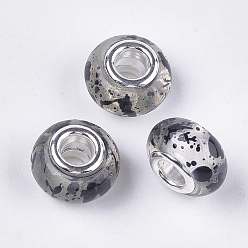 Black Resin European Beads, Large Hole Beads, with Silver Color Plated Brass Cores, Rondelle, Black, 14x8.5~9mm, Hole: 5mm