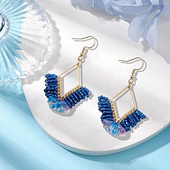 Синий Плетеное стекло и 201 серьги с подвесками из нержавеющей стали, женские серьги с цветочными подвесками, золотые, синие, 71x31 мм