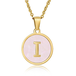 Letter I Natural Shell Initial Letter Pendant Necklace, with Golden Stainless Steel Cable Chains, Letter I, 17.72 inch(45cm)