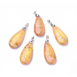 Оранжевый Натуральный регалит / имперская яшма / морские отложения яшмовые подвески, окрашенный оттиск яшмы, с латунной фурнитурой платинового цвета, слеза, оранжевые, 35~35.5x15~15.5x6.5~7.2 мм, отверстие : 4x4.2 мм