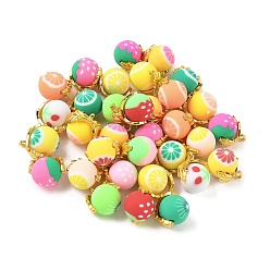 Золотой Полимерной глины ручной работы подвески, круглый с фруктовым узором, с латунной фурнитурой , золотые, 11.5x10x8 мм, отверстие : 1 мм