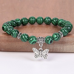 Malachite 8MM Round Dyed Synthetic Malachite Beaded Stretch Bracelets with Alloy Butterfly Charms, Antique Silver, Green, 7.48 inch(19cm)