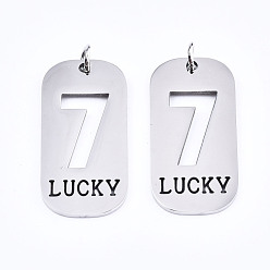 Number Non-Tarnish 201 Stainless Steel Pendants, Laser Cut, with Jump Rings, Rectangle with Number and Word LUCKY, Stainless Steel Color, Num.7, 35x17x1.5mm, Jump Ring: 6x1mm, Inner Diameter: 4mm