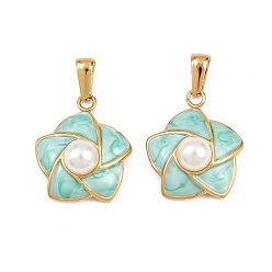 Бледно-бирюзовый 304 нержавеющей стальной эмали подвески, с абс пластмассовыми жемчужными бисером, цветок, золотые, бледные бирюзовая, 22.5x19x9 мм, отверстие : 6.5x3 мм