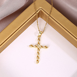 Oro Religión 304 Collares con colgante de cruz retorcida de acero inoxidable con micro pavé de circonitas cúbicas transparentes para mujer, dorado, 16.34 pulgada (41.5 cm)