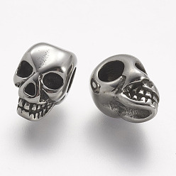 Античное Серебро 304 из нержавеющей стали бусы, череп, бусины с большим отверстием, античное серебро, 13x8x8.5 мм, отверстие : 4 мм