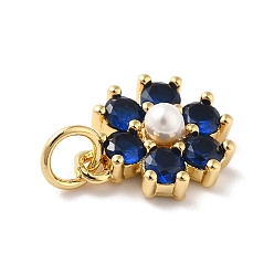 Dark Blue Rack Plating Brass Micro Pave Cubic Zirconia Charms, with Pearl, Cadmium Free & Lead Free, Real 18K Gold Plated, Flower, Dark Blue, 12.5x10.5x4mm, Hole: 3.6mm