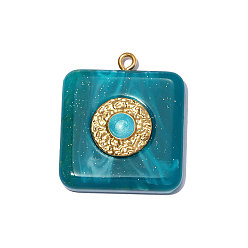 Зеленый 304 подвески из нержавеющей стали смолы, квадратный шарм, с эмалью, ионное покрытие (ip), долговечный, реальный 18 k позолоченный, зелёные, 29x25 мм, отверстие: 1.80 мм