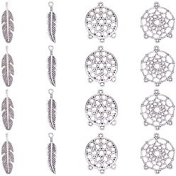 Античное Серебро Тибетский стиль сплава плоские круглые компоненты люстр ссылки, с подвесками из медного сплава, античное серебро, 34x28x2 мм, отверстие : 2 мм